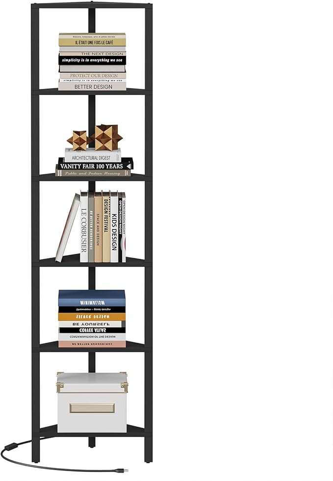 TUTOTAK Corner Shelf with LED Light, 6-Tier Corner Bookshelf for Small Space, Narrow Display Corner Shelf Stand with Storage Rack, for Living Room, Bedroom, Black BS05BK006L