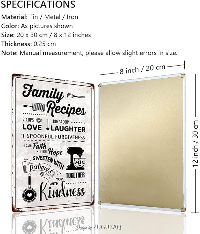 Funny Kitchen Signs Decor-Kitchen Farmhouse Decor-Personalized Kitchen Metal Sign-Retro Kitchen Counter Accessories-12x8 Inch Hanging Plaque Home Wall Decorations-Family Recipes