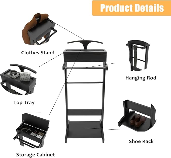 Wood Valet Stand with Power Extension, Wood Suit Rack W/Large Storage Compartment Contour Hanger Trouser Bar Tie & Belt Hooks and Shoe Rack-Black