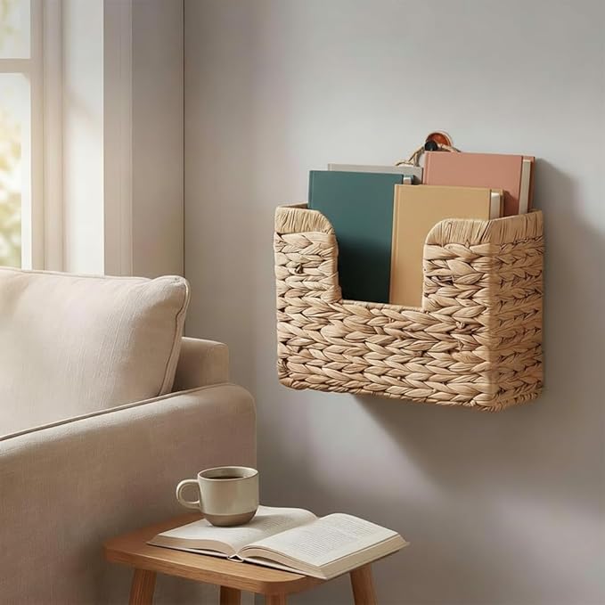 Hanging Magazine Basket, Handwoven Water Hyacinth Wall Magazine Holder with Handle for Books & Files, 11.8x4.3x7.9 Inch Water Hyacinth Farmhouse Storage Rack with Hook for Bathroom, Kitchen, Office