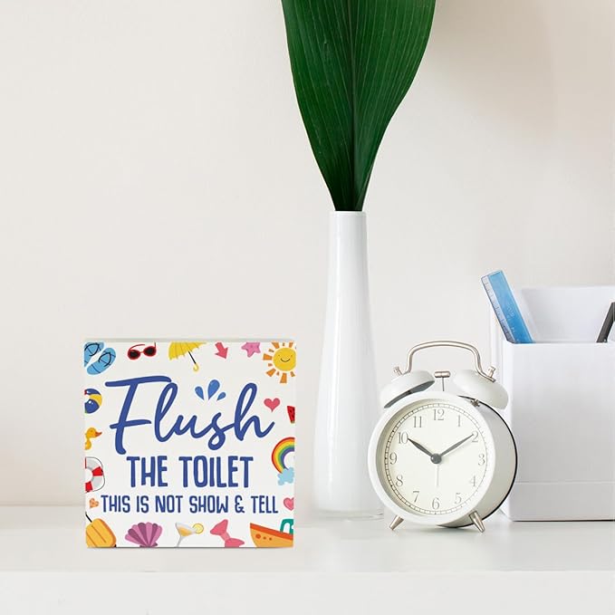 Funny Bathroom Signs Summer Bathroom Decor Flower Summer Decorations Wooden Box Sign for Home Office Farmhouse Table Shelf