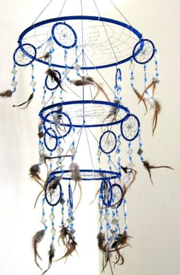 OMA Blue Dream Catcher, 3D Design with Mosaic Glass and Feathers, Boho Home Decor Bedroom Decoration Gift Large Size - 30" Long x 9" Diameter