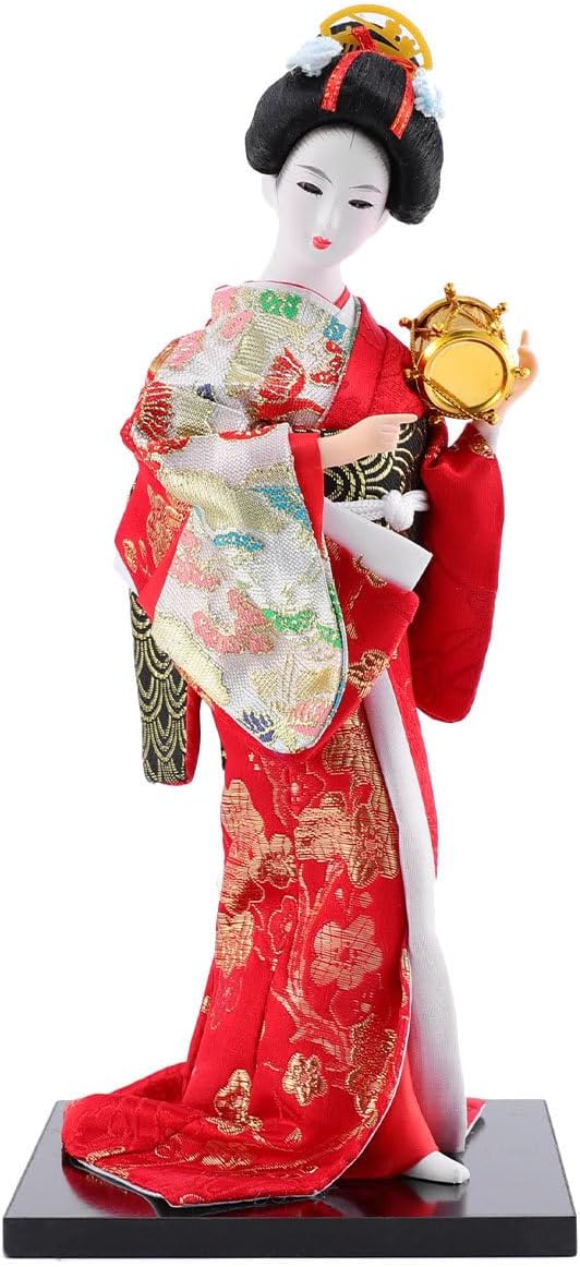 12" Traditional Japanese Geisha Doll Authentic Red Kimono Figurine Hand-Painted Porcelain & Fabric Asian Collectible Statue for Home Office Decor Gift Boxed