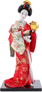 12" Traditional Japanese Geisha Doll Authentic Red Kimono Figurine Hand-Painted Porcelain & Fabric Asian Collectible Statue for Home Office Decor Gift Boxed