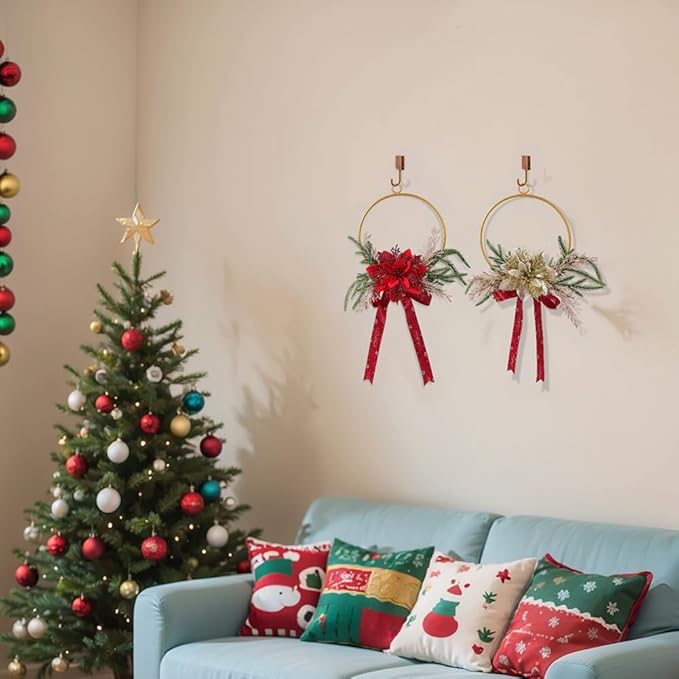 Christmas Metal Ring Wreath 7.28inch Metal Hoop with Floral Flowers Christmas Wreath with Red Bow Ribbon Floral for Front Door Winter Wall Decoration (Gold)