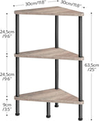 HOOBRO Corner Shelf Stand, Industrial 3-Tier Wall Corner Bookshelf with Metal Frame, Plant Display Shelf, Bookcase for Small Spaces, Living Room, Greige and Black BG30CJ01