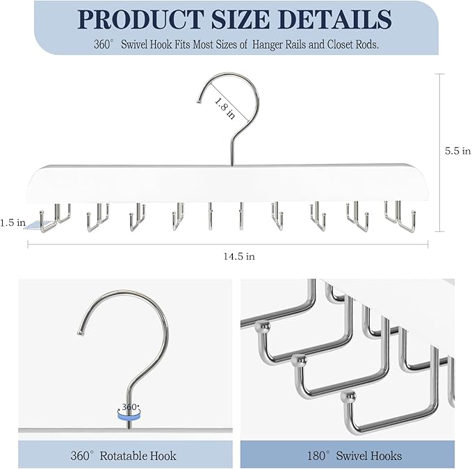 Tie Rack Belt Hanger for Closet Fitnice Upgraded Non Slip Tie Hanger Space Saving with 20 Foldable Hooks Wooden Belt Tie Organizer for Tank Tops Bras Cami Scarves