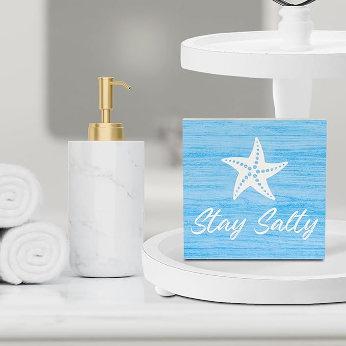 Beach Bathroom Decor Starfish Decor Stay Salty Beach Theme Summer Decorations Wooden Box Sign for Home Office Farmhouse Table Shelf