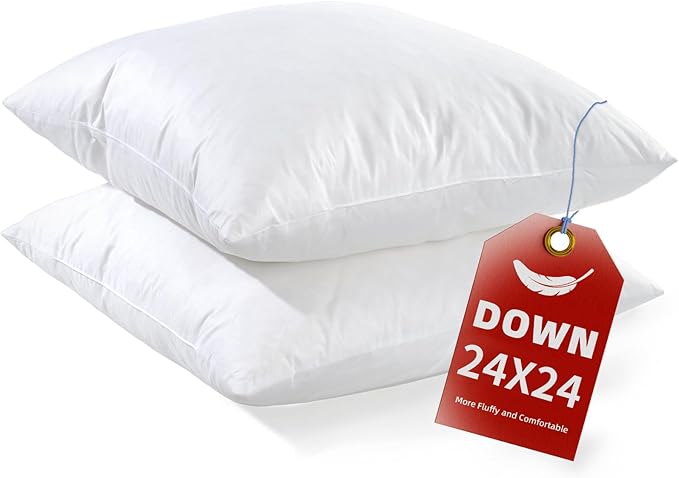 YSTHER 24x24 Euro Pillow Inserts Set of 2, Premium Down Feather Pillows for Couch, Bed & Lumbar Support - Machine Washable, Fluffy Decorative Throw Pillow Inserts (White)