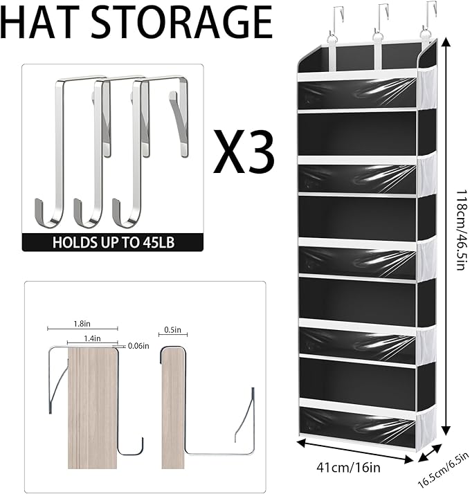 Over the Door Hat Organizer for Baseball Caps, Hold up to 60 Hats Rack Storage for Door/Closet/Wall, Clear Pockets Hanging Hat Holder for Baseball Caps with 10 Mesh Pockets, Grey