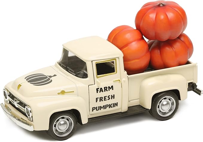 Thanksgiving Fall Pumpkin Truck Decor Mini Harvest Metal Farm Truck with 3 Pumpkins | Vintage Diecast Model for Tiered Tray Home Décor 4.8 inches
