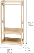 IRIS USA Small Open Wood Clothing Rack for Small Spaces, Clothes Rack with Shelves, Garment rack with Side Hook, Light Brown