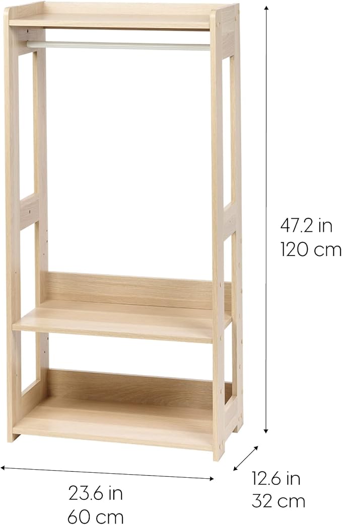 IRIS USA Small Open Wood Clothing Rack for Small Spaces, Clothes Rack with Shelves, Garment rack with Side Hook, Light Brown