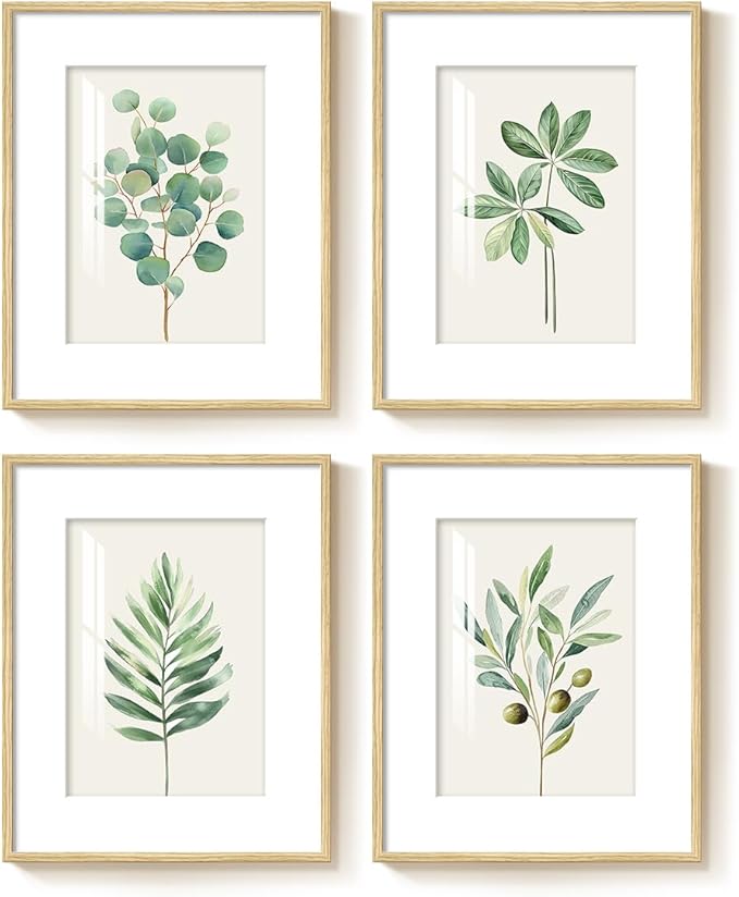 Framed Sage Green Botanical Wall for Kitchen, 4 Piece Minimalist Modern Farmhouse Plant Artwork for Walls, Boho Green Leaf Picture Prints for Kitchen Bathroom Bedroom Living Room Decor, 8x10 Inch