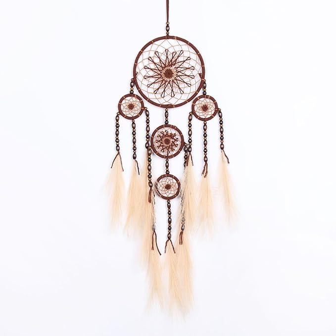 Pretty Jolly Pampas Grass Dream Catchers Wall Decor with Handmade Large Red Native Americans Witch Dreamcatcher with Wood Beads for Adults Bedroom Wedding Garden Bless Birthday Gift-5 Rings