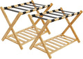 Luggage Racks, Folding Bamboo Suitcase Stand with Storage Shelf and Nylon Straps, Luggage Holders Assembled Suitcase Storage Caddy Holder for Guest Room, Hotel, Bedroom, Natural, Pack of 2