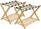 Luggage Racks, Folding Bamboo Suitcase Stand with Storage Shelf and Nylon Straps, Luggage Holders Assembled Suitcase Storage Caddy Holder for Guest Room, Hotel, Bedroom, Natural, Pack of 2