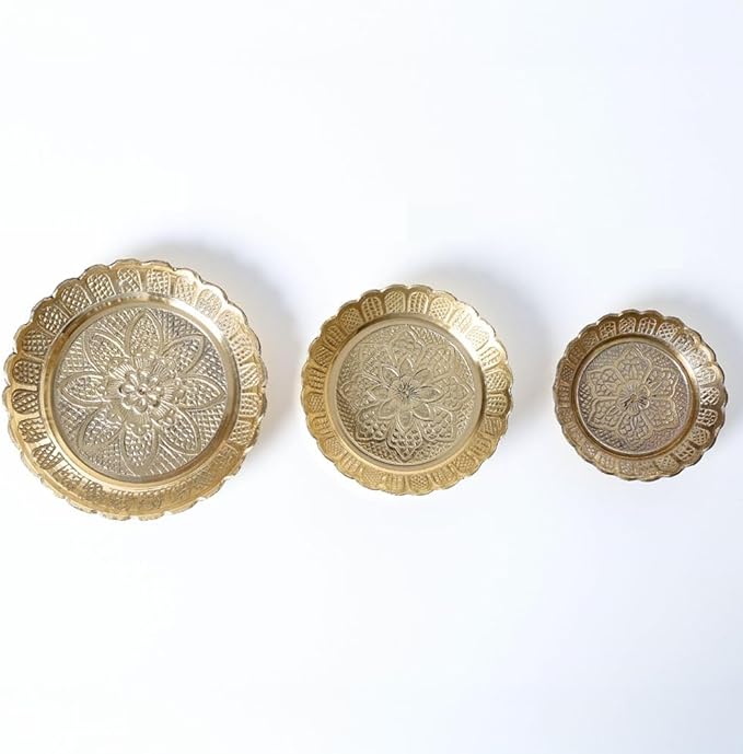 Shubhkart Premium Solid Brass Nakshi Plate Set (3 Sizes: L/M/S) – Handcrafted Decorative Puja Plates for Aarti, Temple, Festivals & Home Mandir Décor | Elegant Brass Thali Set for Diwali & Gifting