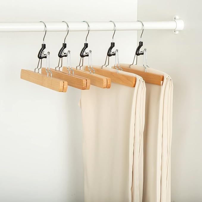 Amazon Basics Sturdy Wooden Pants Hangers - Natural, 10-Pack