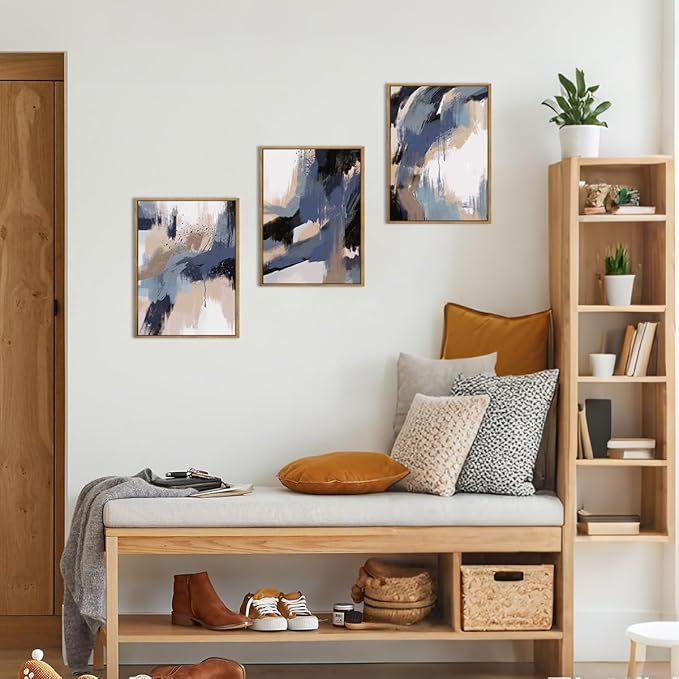 BINCUE Blue Neutral Wall Art Framed Modern Abstract Artwork Blue Abstract Wall Decor Modern Blue Wall Paintings Abstract Neutral Wall Pictures for Living Room Bedroom Office Bathroom 12" Lx16 W Set of 3