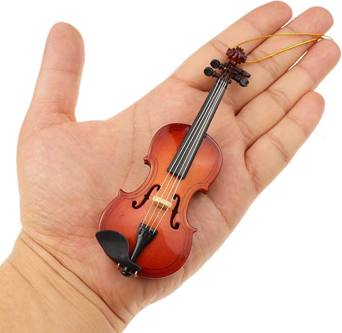 Wooden String Miniature Violin Hanging Ornament Mini Musical Instrument Replica Holiday Tree Home Decoration Display Ornament (4.72" Violin)