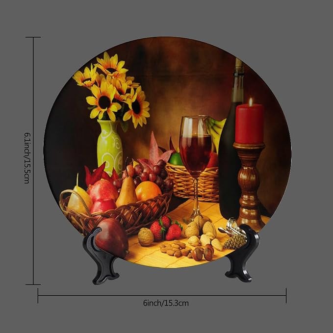 Decorative Plate Stand, 6 Inch, Fruit And Nut Decorated Red Wine Round Display Plate, Decorative Plates with Stand, Ceramic Craft for Wall Hanging Decorative
