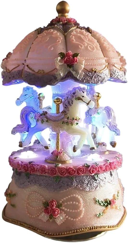 Briskfeel Classical Carousel Horse Music Box, Plays You are my Sunshine, LED lights Twinkling Resin Carved Collectible Mechanical Musical Box with 18-Note (3# Pink Carousel)