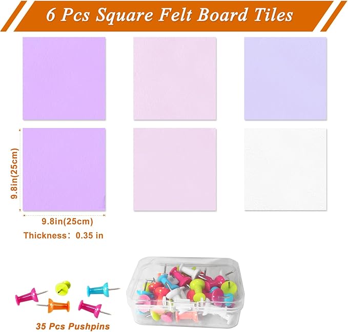 Square Felt Cork Bulletin Board Tiles, Self Adhesive DIY Felt Pin Board for Wall 30" x 20" with 35 Pushpins for Office School Home Wall Decor Stickers Memos Photos Display (Purple+Pink)