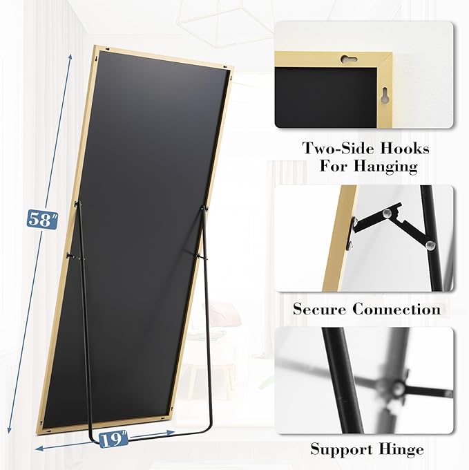DUMOS 19"x58" Full Length Mirror with Stand, Floor Standing Aluminum Frame, Shatter-Proof Nano Glass for Bedroom, Living Room, Cloakroom – Modern Simple Home Decor,Can Be Hanging or Leaning, Gold