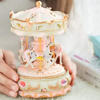 Carousel Music Box with 3 Rotating Horses, Color-Changing LED Lights, Wind-Up Clockwork 18-Note Melody, Small Resin Tabletop Decor, 5.9" Tall x 3.93" Dia (Pink)