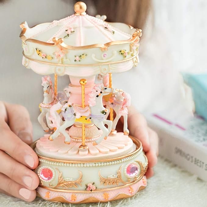 Carousel Music Box with 3 Rotating Horses, Color-Changing LED Lights, Wind-Up Clockwork 18-Note Melody, Small Resin Tabletop Decor, 5.9" Tall x 3.93" Dia (Pink)
