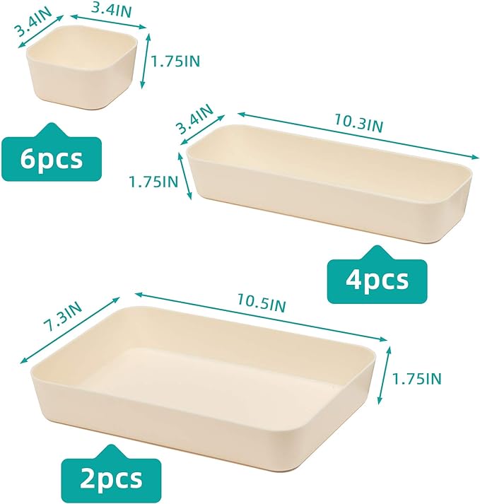 Backerysupply Set Of 12 Beige Color Plastic Desk Drawer Organizers For Makeup Bathroom Office Kitchen Vanity Drawer Storage Box Container