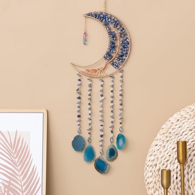 Agate Moon Dream Catchers with Crystal 7 Chakra Gemstone Dream Catchers Color Natural Gem Agate Wall Hangings Room Garden Dreamcatchers Decor (Lake Blue)