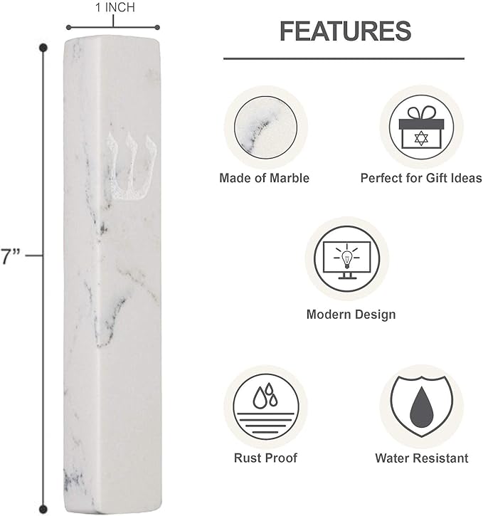 A&S Mezuzot Quartz Mezuzah Case with Engraved Shin Design Easy Peel and Stick Judaica Door Mezuza (White/Grey Veins Quarts, 7 Inches)