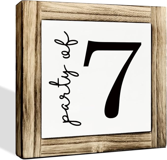 Party of 7 Signs, Family Party Decoration, Box Sign Wood Desk Sign Decor, Farmhouse Home Decor for Living Room, Kitchen Decors for Shelf, Decorative Wooden Table Signs, 5.9×5.9 inches