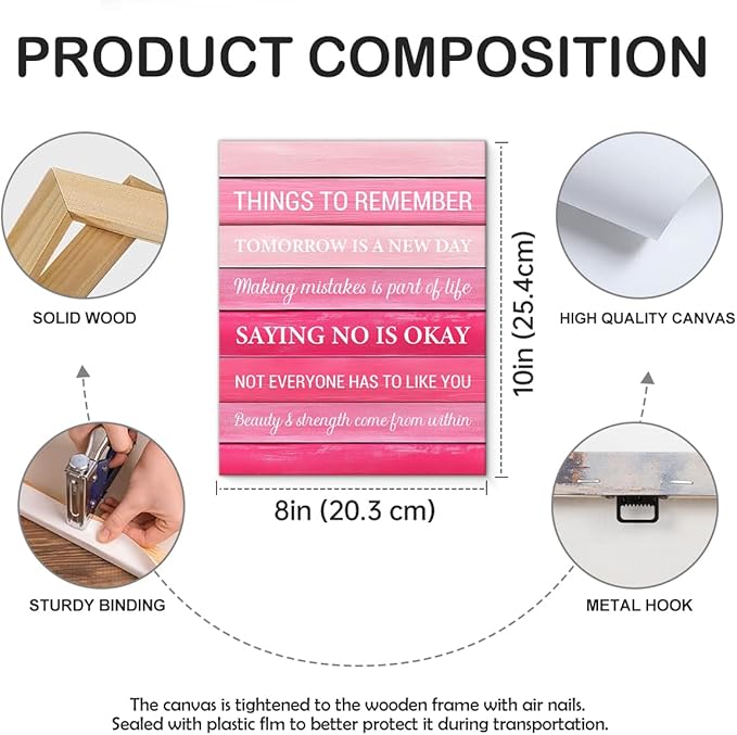 Inspirational Pink Wall Art Decor, Preppy Motivational Room Sign, Pink Positive Canvas Posters Art Work for Home Office Bedroom Living Room Kitchen Bathroom (8 X 10 Inches, Framed)
