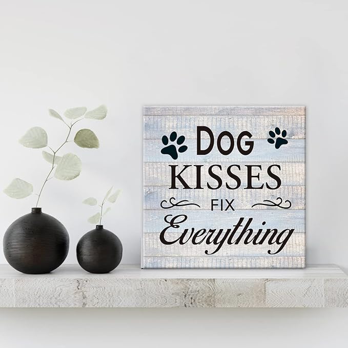 Funny Farmhouse Dog Canvas Wall Art Decor Dog Kisses Fix Everything Rustic Sign Painting Plaque Vintage Animal Pictures Print Home Decoration (8 X 8 Inches, Framed)