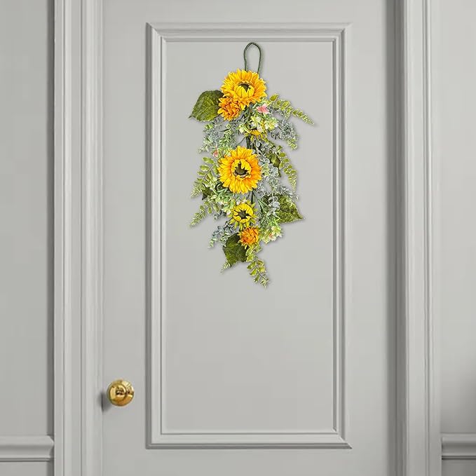 Spring Teardrop Swag for Front Door,Artificial Teardrop Swag,Spring Summer Front Door Teardrop Swag,Artificial Sunflower Swag,Artificial Floral Swag Wreath for Front Door Window(Yellow)