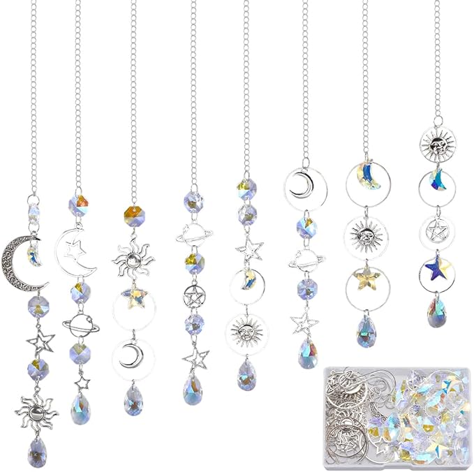 SUNNYCLUE 1 Box DIY 8 Sets Sun Moon Suncatcher Kit Sun Catcher Crystals Vintage Antique Silver Tibetan Style Faceted Ab Colors Rainbow Maker Suncatcher Kit for Birthday Summer Party Favors Gifts Adult