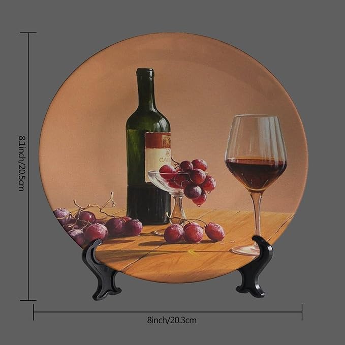 Decorative Ceramic Plates, 8 Inch, Goblet Wine Bottle Transparent Round Display Plate, Decorative Plates with Stand, for Kitchen Party Coffee Table Decor Art