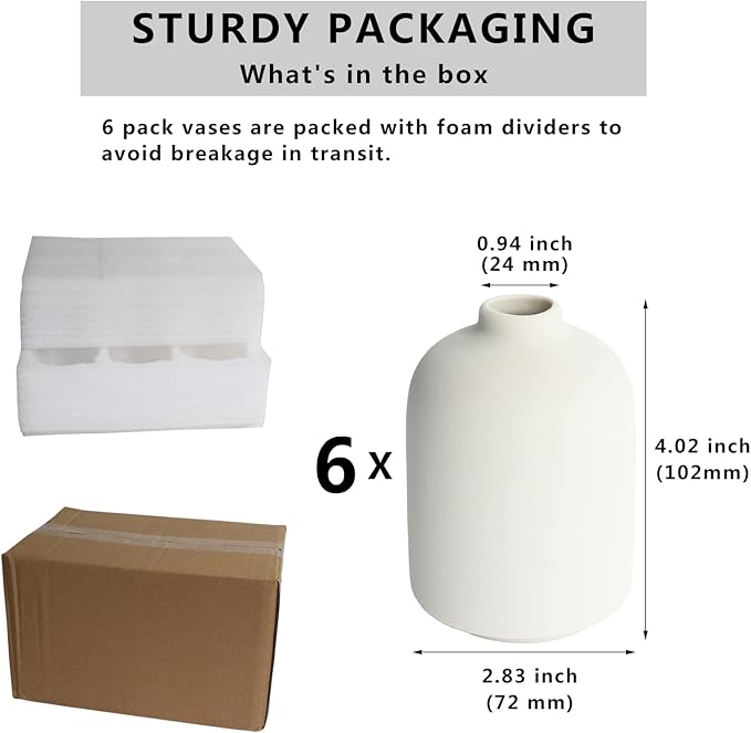 YANLING Small White Vase for Decor, 6 Pack Ceramic Vases for Pampas Grass, Boho Vase for Home Decor White Vases for Flowers, Modern Ceramic Vase Dried Flowers Vases