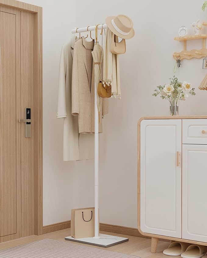 OUTBROS Metal Coat Rack, Coat Tree with Rock Base, T Shaped Freestanding Clothe Rack, Coat Hanger Stand Suitable for Bedroom, Hallway, Entrance, 68.9 Inches High, White