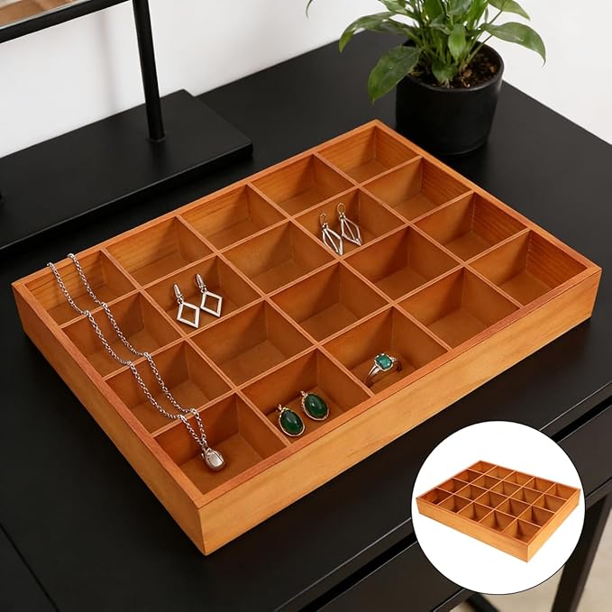 PRETYZOOM Wooden Sorting Tray Closet Drawer Divider Organizer with 20 Compartments Suitable for Socks Briefs Keys Stationery Arts Crafts Small Items - Each Grid 2.3 x 2.3 Inch