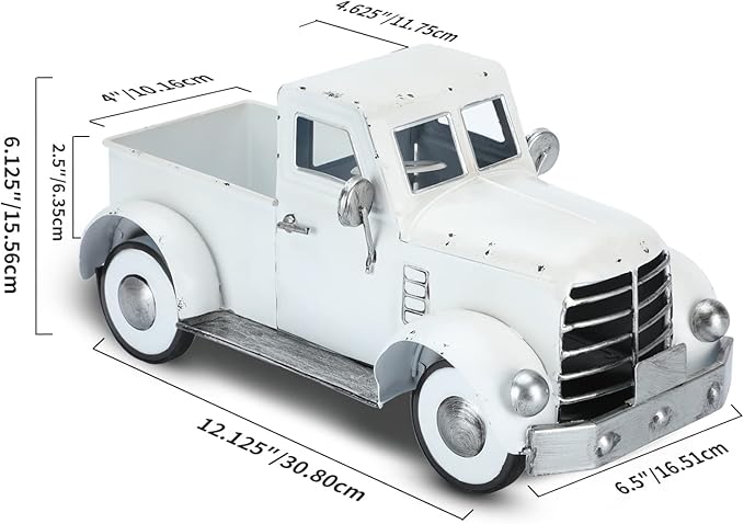 Farmhouse White Truck Decor, Vintage Farm Metal Trucks Decors, Rustic Outdoor Pickup Truck Planter, Indoor Decorative Tabletop Storage, Car Model Gift