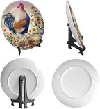 Rooster Decorative Plate Stand, 8inch, Rooster on Stone Round Display Plate, Home Wobble-Plate with Display Stand, for Kitchen Party Coffee Table Decor Art