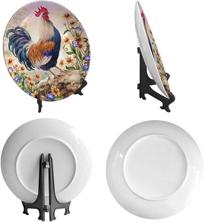 Rooster Decorative Plate Stand, 8inch, Rooster on Stone Round Display Plate, Home Wobble-Plate with Display Stand, for Kitchen Party Coffee Table Decor Art