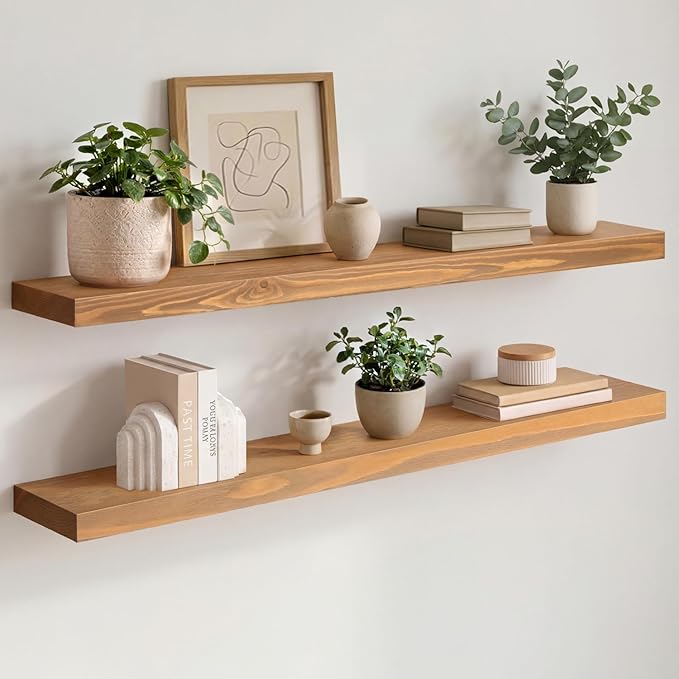Homeforia 36 inch Golden Oak Floating Shelf, High End Solid Real Wood 36inch Small Floating Shelves for Wall Mounted, Oak Wooden 36in Floating Shelves, Heavy Duty Bracket, 36 X 6.5 X 1.75 in, Set of 2