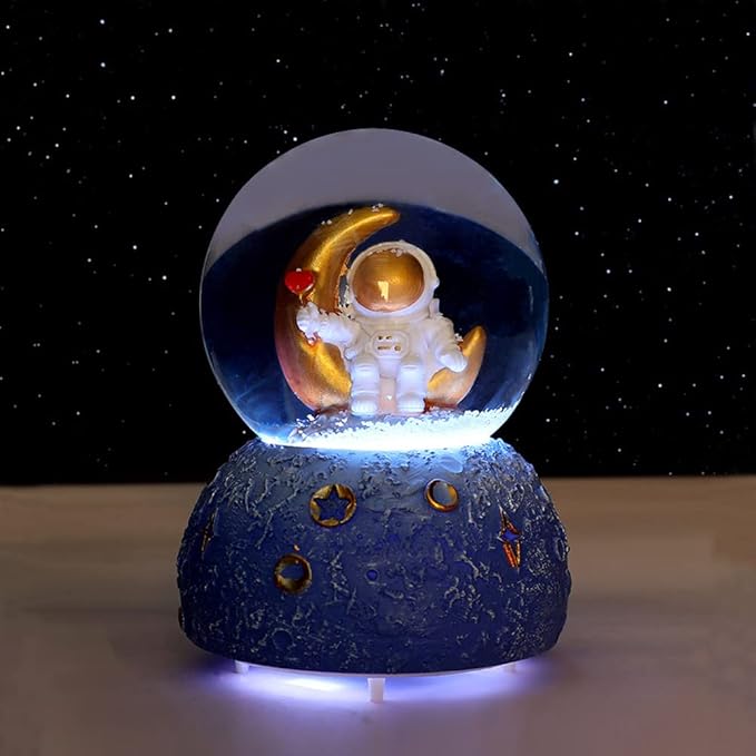 Astronaut Snow Globe Music Box, 80MM Musical Glitter Snow Globe with Color Changing LED Lights, Home Decor Birthday Gifts for Men Women Boys and Girls (Silver)
