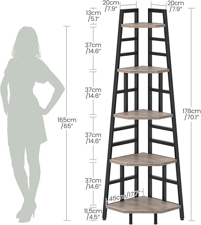 CHOEZON 70.1-Inch 5-Tier Tall Corner Shelf, Narrow Bookshelf for Small Spaces, Industrial Bookcase Display Stand for Living Room, Bedroom, Office, Greige TCJ25BG