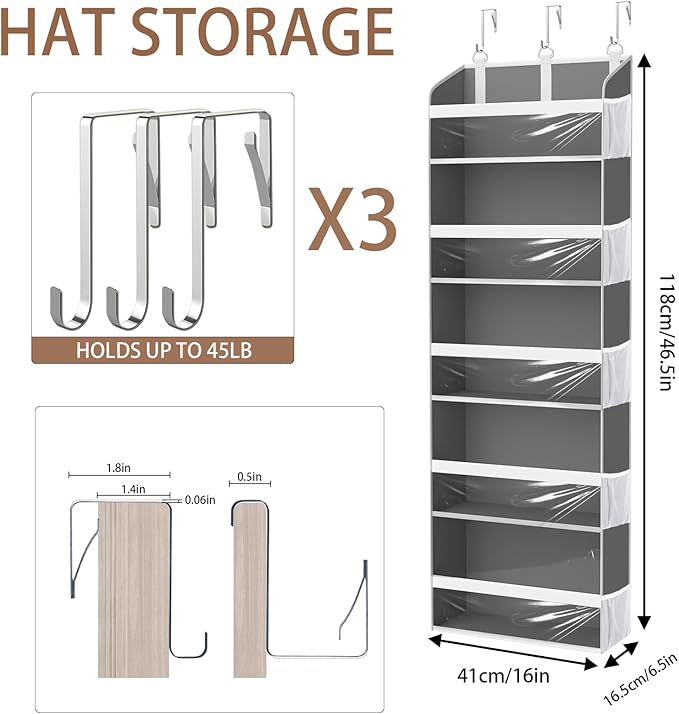 Holds 60 Caps Over the Door Hat Organizer for Baseball Caps,5-Tier Large Capacity Hat Rack Storage for Closet Door, Clear Deep pockerts Hanging Holder with 3 Hooks, Grey